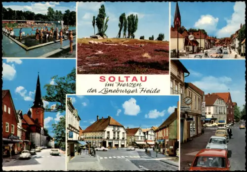 Ansichtskarte Soltau Schwimmbad, Straßen Geschäfte 1978