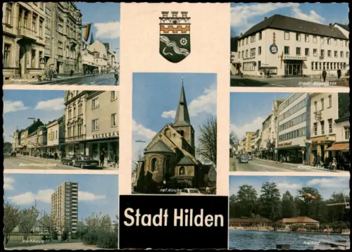 Ansichtskarte Hilden MB: Mittelstraße Sparkasse Benratherstraße Freibad 1971