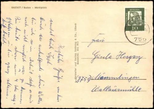 Ansichtskarte Rastatt Partie am Marktplatz mit Denkmal 1962