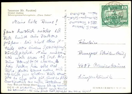 Tessenow Kr. Parchim Ortsteil Zachow Schwangerenerholungsheim   DDR AK 1973