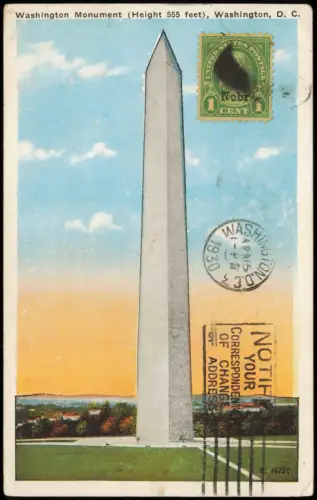 Postcard Washington D.C. Monument 1928  gel. Stamp 1 Cent Aufdruck Nebr