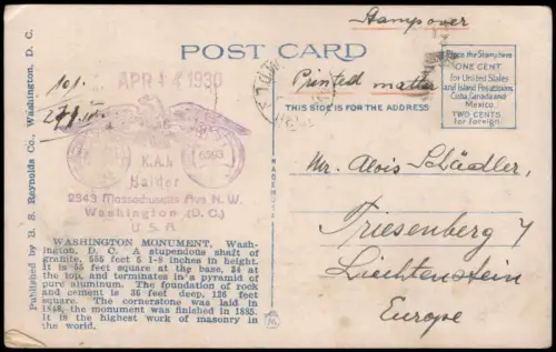 Postcard Washington D.C. Monument 1928  gel. Stamp 1 Cent Aufdruck Nebr