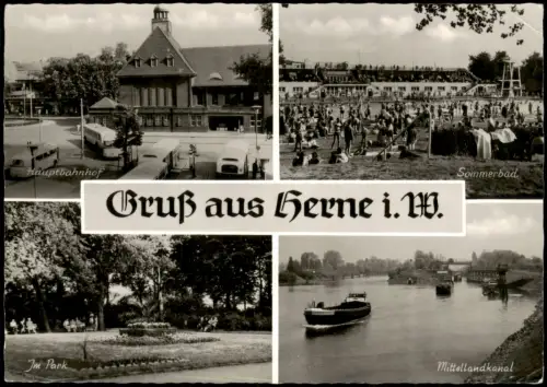 Ansichtskarte Herne Hauptbahnhof Sommerbad Mittellandkanal 1968