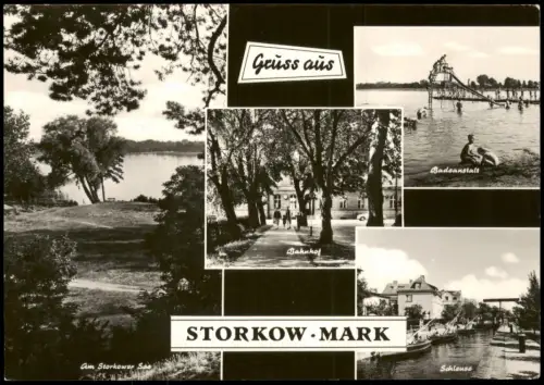 Storkow (Mark) DDR Gruss-AK mit Ortsansichten, Badestelle See uvm. 1968