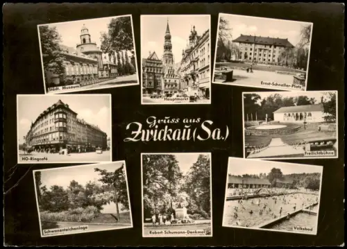 Zwickau DDR Mehrbild-AK u.a. mit Museum, HO-Ringcafe, Volksbad uvm. 1962/1961