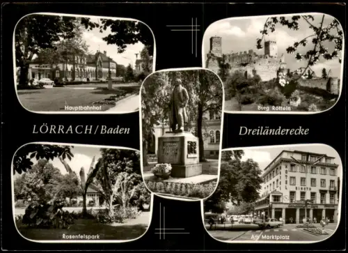 Lörrach Mehrbildkarte  Burg Rötteln Hauptbahnhof Rosenfelspark Marktplatz 1969