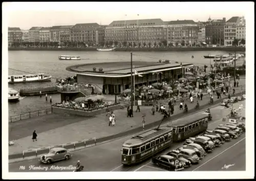 Hamburg Alsterpavillon Autos Autoparkplatz Tram Straßenbahn 1953