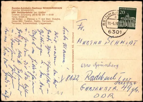 Reinhardshain-Grünberg (Hessen) Autobahn-Raststätte 4 Bild mit Gastraum 1970