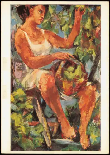 Künstlerkarte Gemälde DÄHN (geb. 1908) Birnenpflückerin 1970