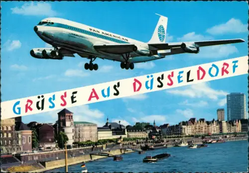 Ansichtskarte Düsseldorf Flugzeug, Panorama, Anlegestelle für Schiffe 1963