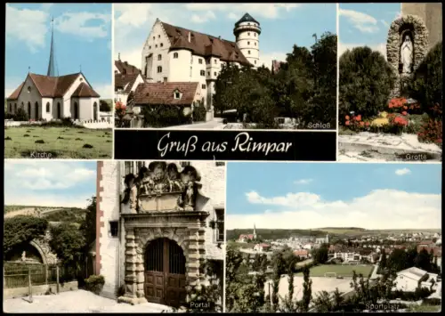 Rimpar Mehrbildkarte u.a. mit Kirche, Grotte, Schloss, Sportplatz 1970