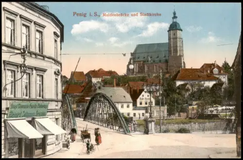 Penig (Mulde) Muldenbrücke Stadtkirche Dampfschokolade Fabrik 1923
