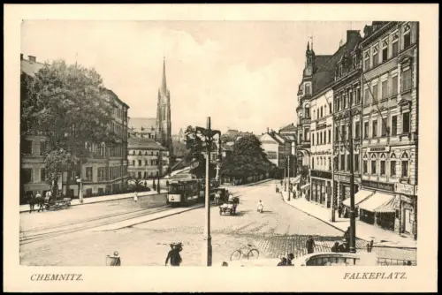 Ansichtskarte Chemnitz Falkeplatz Straßenbahn Geschäfte 1914