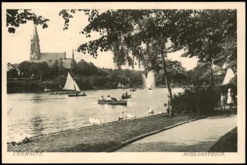 Ansichtskarte Chemnitz Schloßteich Schwäne Segel- und Ruderboote 1914
