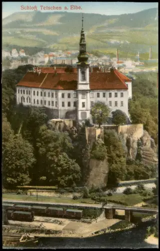 Postcard Tetschen-Bodenbach Decín Schloß Eisenbahn Fernsicht 1914
