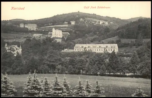 Postcard Karlsbad Karlovy Vary Café Park Schönbrunn, Tannen 1914