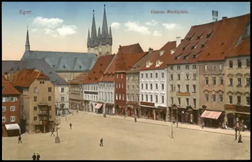 Postcard Eger Cheb Unterer Marktplatz Geschäfte 1914