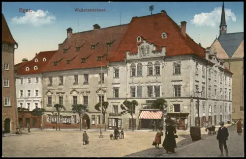 Postcard Eger Cheb Wallensteinhaus Straßenpartie 1914