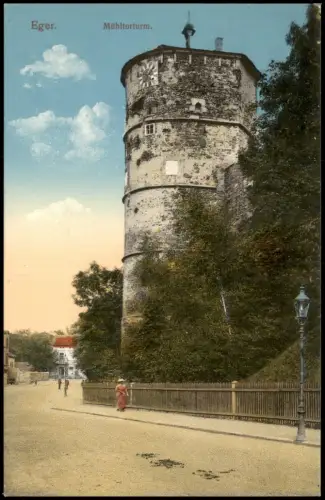 Postcard Eger Cheb Mühltorturm Straßenpartie 1914