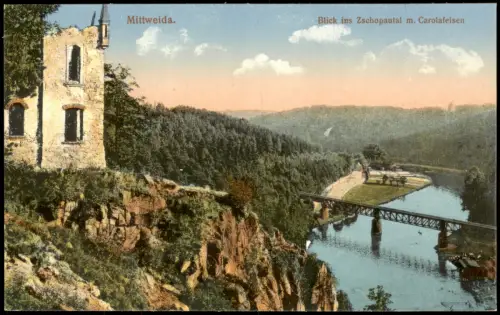 Ansichtskarte Mittweida Blick ins Zschopautal m. Carolafelsen 1921