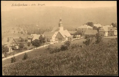 Ansichtskarte Schellerhau-Altenberg (Erzgebirge) Ortspartie an der Kirche 1920