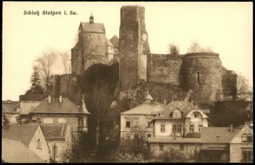 Ansichtskarte Stolpen Stadthäuser und Burg 1920