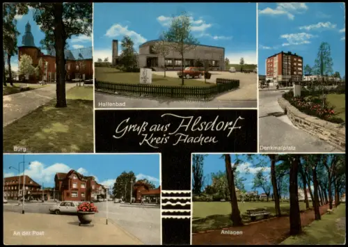 Alsdorf Mehrbild-AK Ortsansichten u.a. Hallenbad Denkmalplatz An der Post 1965