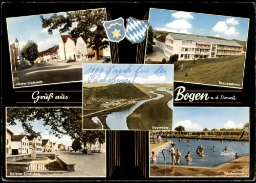 Bogen an der Donau Mehrbild-AK mit Oberer Stadtplatz Krankenhaus Schwimmbad 1973