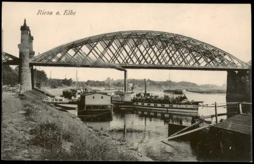 Ansichtskarte Riesa Landungsplatz Brücke Steamer Dampfer Bastei 1920