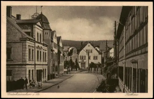 Ansichtskarte Grünhainichen Straßenpartie am Rathaus 1923