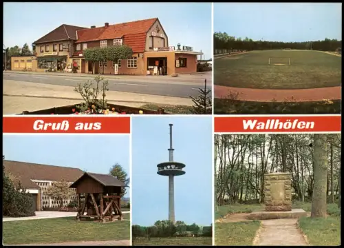 Wallhöfen Mehrbild-AK ua. Sportplatz, Geschäft, Ortsansichten 1970