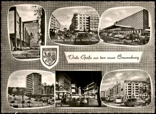 Braunschweig Mehrbild-AK Hauptbahnhof Steinweg Blick auf das Staatstheater 1965