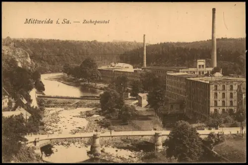 Ansichtskarte Mittweida Fabriken - Hallen, Schornsteine 1918