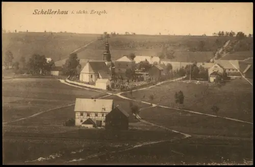 Schellerhau-Altenberg (Erzgebirge) Ortspartie Kirche Friedhof Fachwerkhaus 1922
