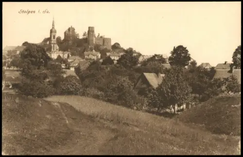 Ansichtskarte Stolpen Häuser auf Berg - weitblick zur Burg 1913