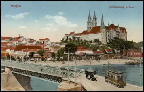 Ansichtskarte Meißen Totale Brücke Straßenbahn 1923