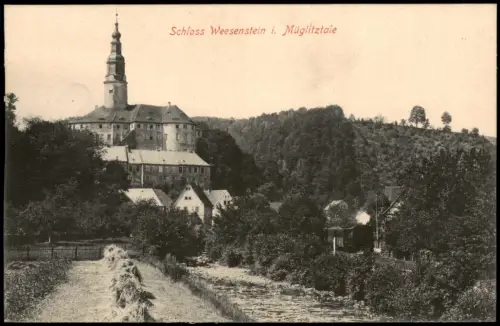 Ansichtskarte Weesenstein (Müglitz) Schloß und Dampflokomotive 1914