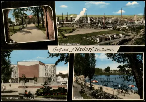 Alsdorf Mehrbild-AK mit Burg Industrieanlagen Kirche St. Castor Freibad 1965
