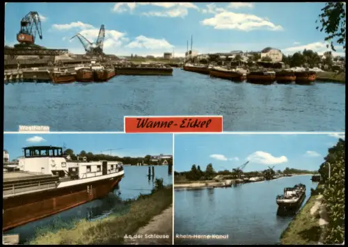 Wanne-Eickel-Herne Mehrbildkarte mit Westhafen, Schleuse Rhein-Herne-Kanal 1960