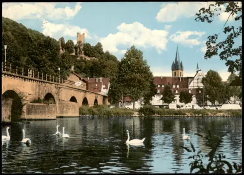 Ansichtskarte Gemünden a. Main Fluss Partie Blick zur Burg 1970