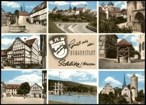 Ansichtskarte Schlitz Mehrbild-AK mit 8 Ortsansichten u.a. Freibad 1965