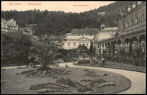 Postcard Karlsbad Karlovy Vary Stadtpark - Kaiserbrunnen 1914