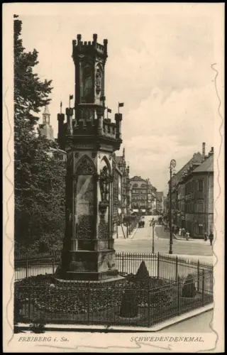 Ansichtskarte Freiberg (Sachsen) Schwedendenkmal - Straßenblick 1914