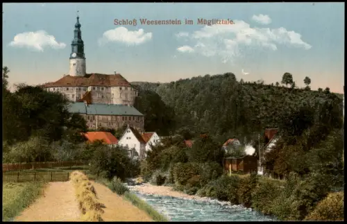Ansichtskarte Weesenstein (Müglitz) Schloß Stadt Dampflokomotive 1914