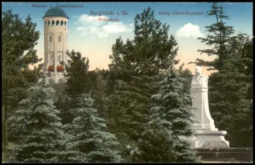 Ansichtskarte Burgstädt Wettin-Hain Wasserturm Albert-Denkmal 1914