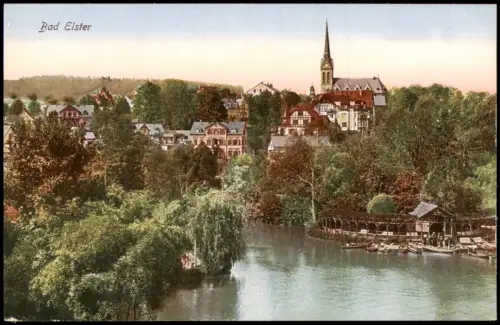 Ansichtskarte Bad Elster Stadtpartie Kirche und Teich 1920