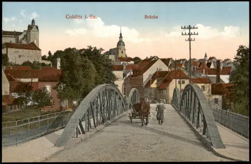 Ansichtskarte Colditz Straße Brücke Pferdefuhrwerk 1924