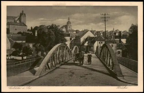 Ansichtskarte Colditz Stadtpartie Brücke Pferdefuhrwerk 1924