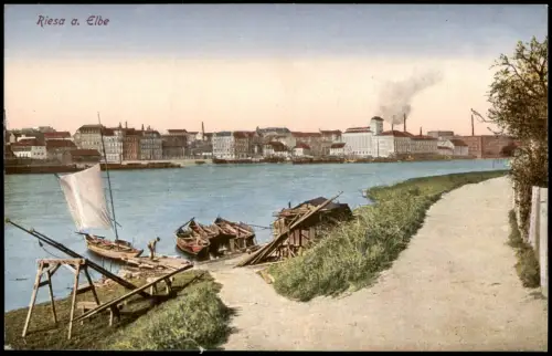 Ansichtskarte Riesa Bootsanleger Stadt Fabrik 1925