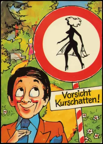 Scherzkarte Vorsicht Kurschatten Schattenschnitt nackte Frau 1978